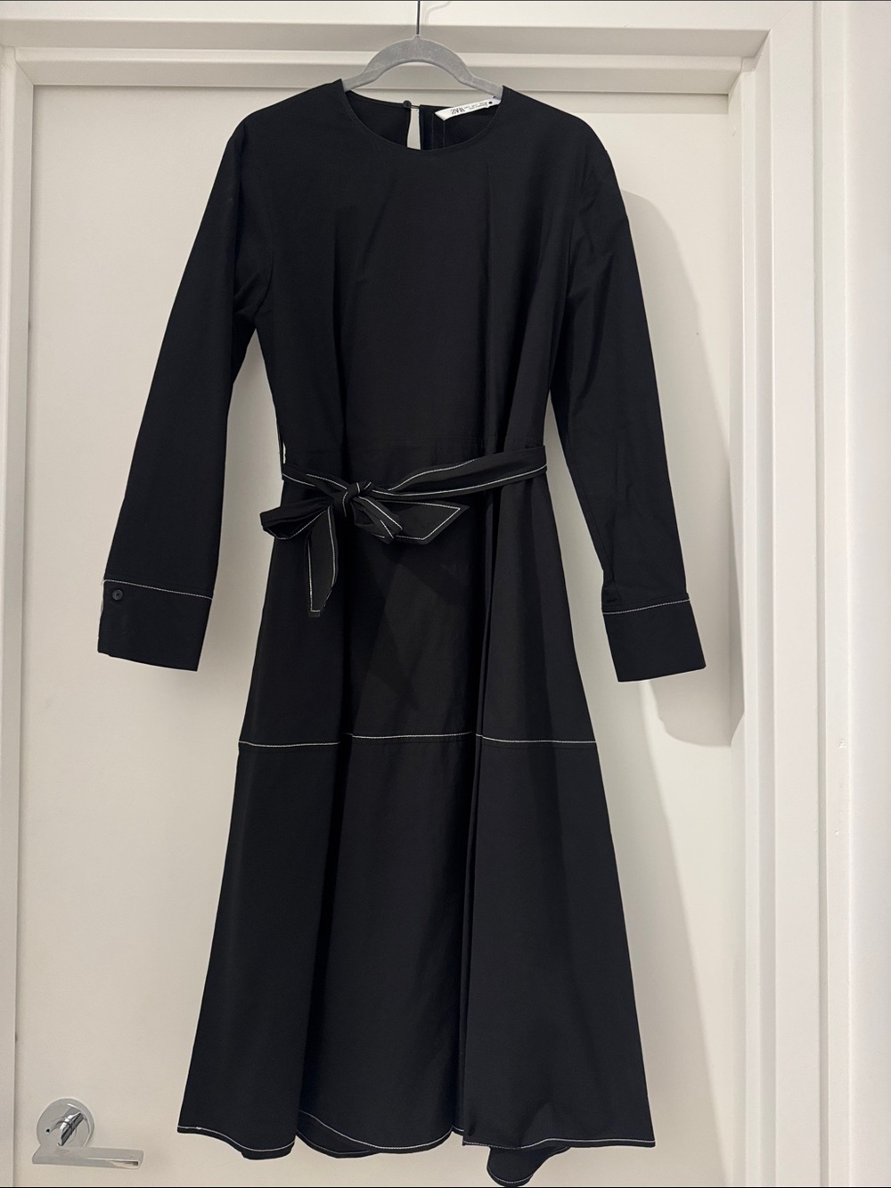 Zara Black Midi Dress with Contrast Topstitching
